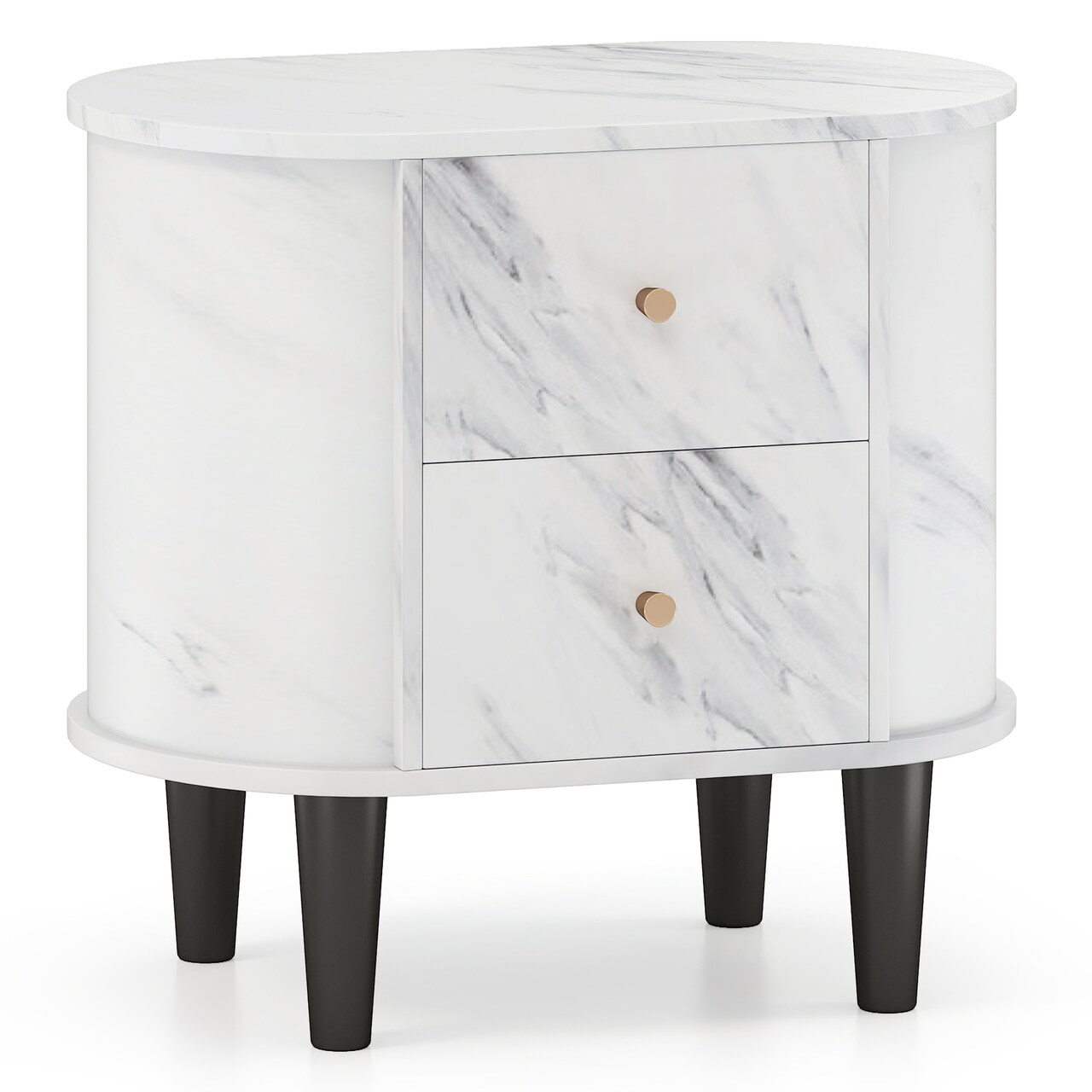 White Faux Marble Nightstand with 2 Drawers and Raised Oval Tabletop